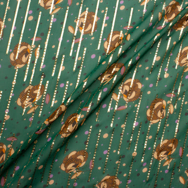 Floral Printed Gold Lamé Fern Green Silk Chiffon