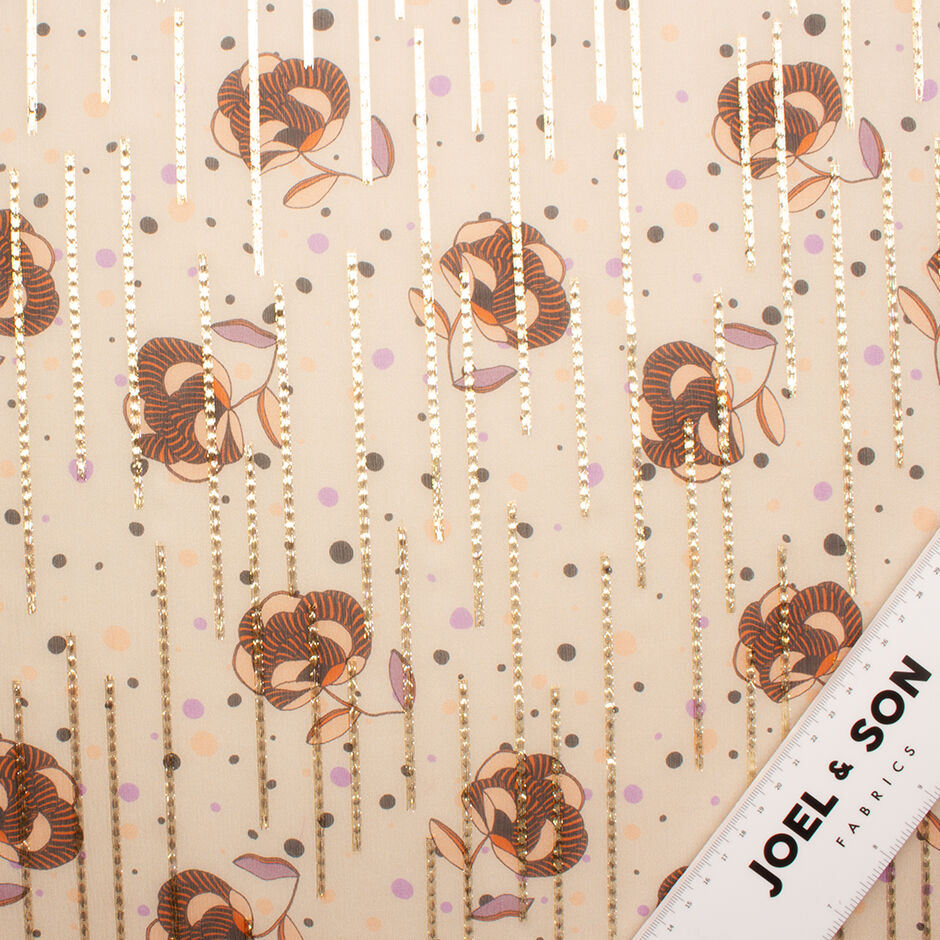 Floral Printed Nude Silk Metallic Chiffon