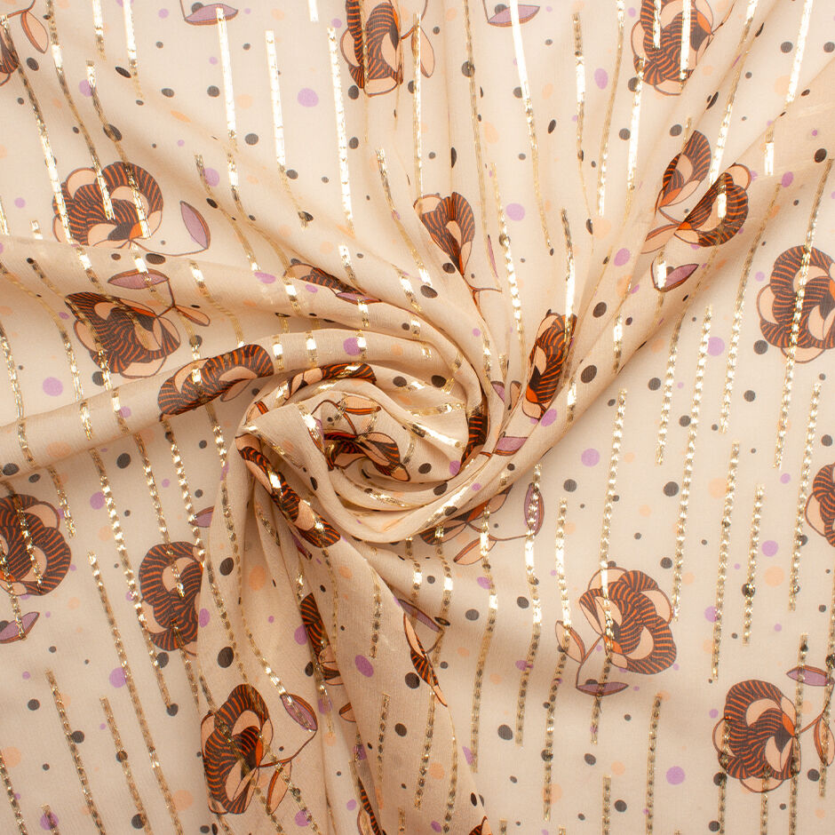 Floral Printed Nude Silk Metallic Chiffon