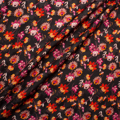 Rich Orange & Pink Floral on Black Silk Jacquard