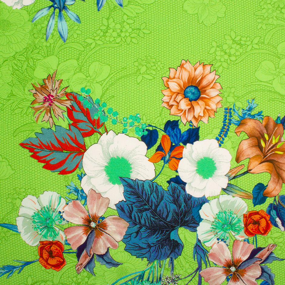 Orange & Blue Floral Printed Green Silk Crêpe de Chine