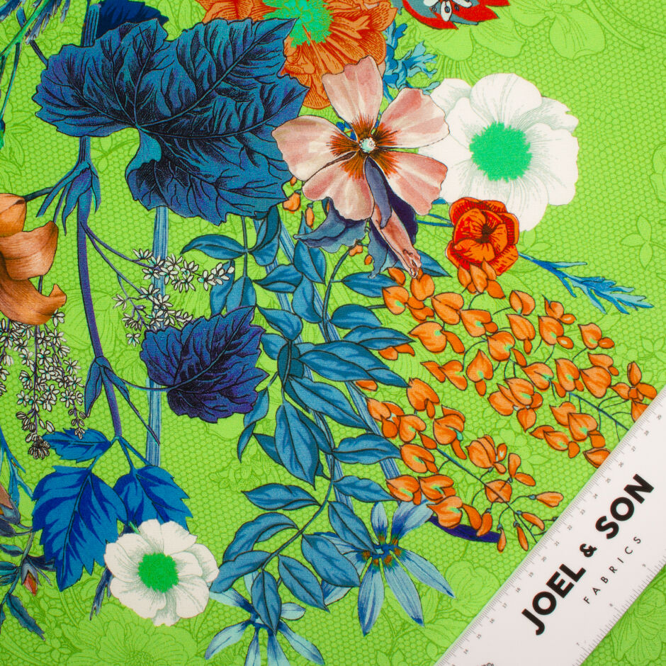 Orange & Blue Floral Printed Green Silk Crêpe de Chine