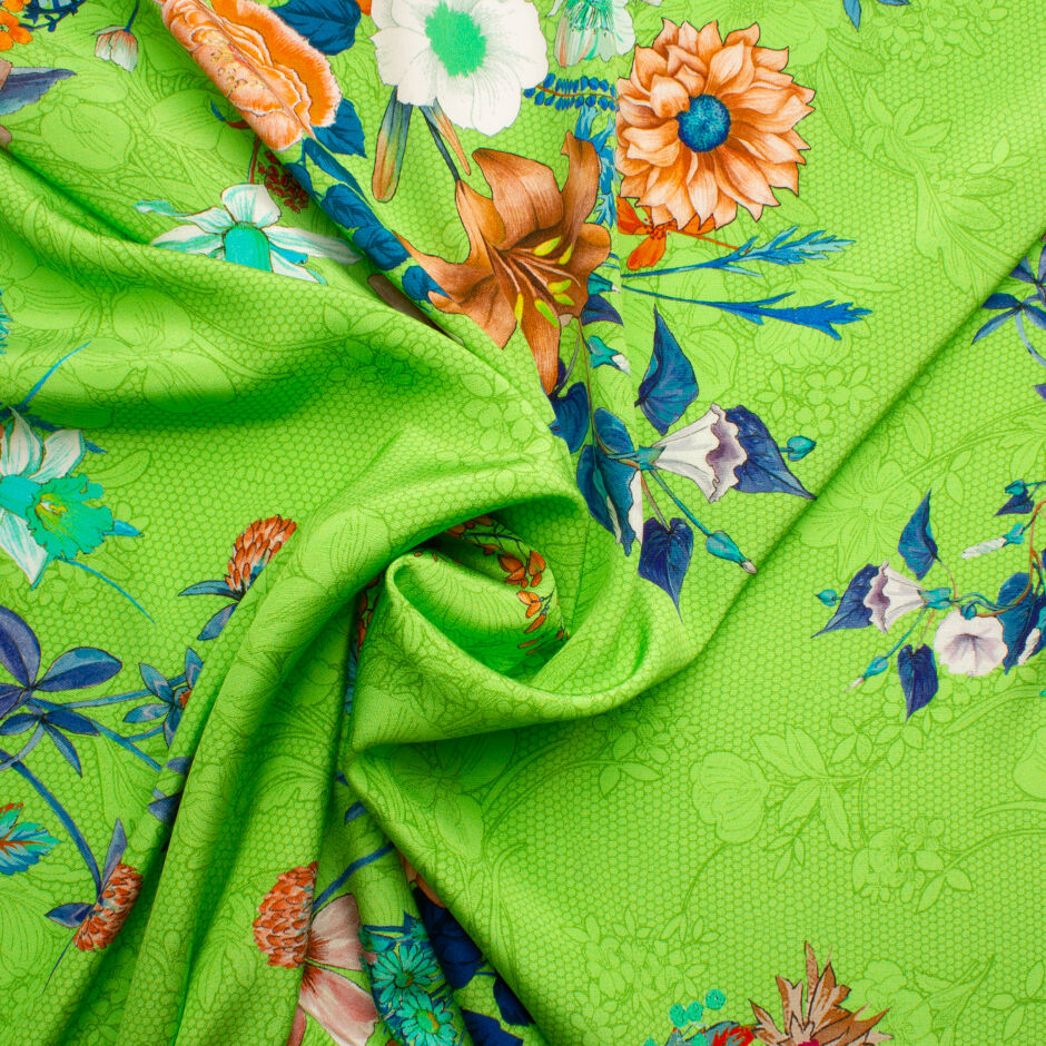 Orange & Blue Floral Printed Green Silk Crêpe de Chine
