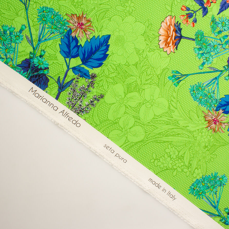 Orange & Blue Floral Printed Green Silk Crêpe de Chine