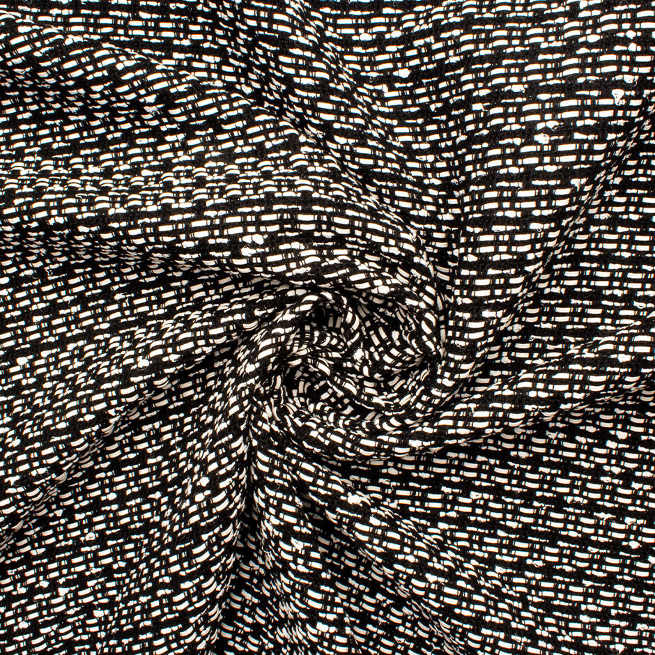 White Woven Black Cotton Blend Bouclé Fabric
