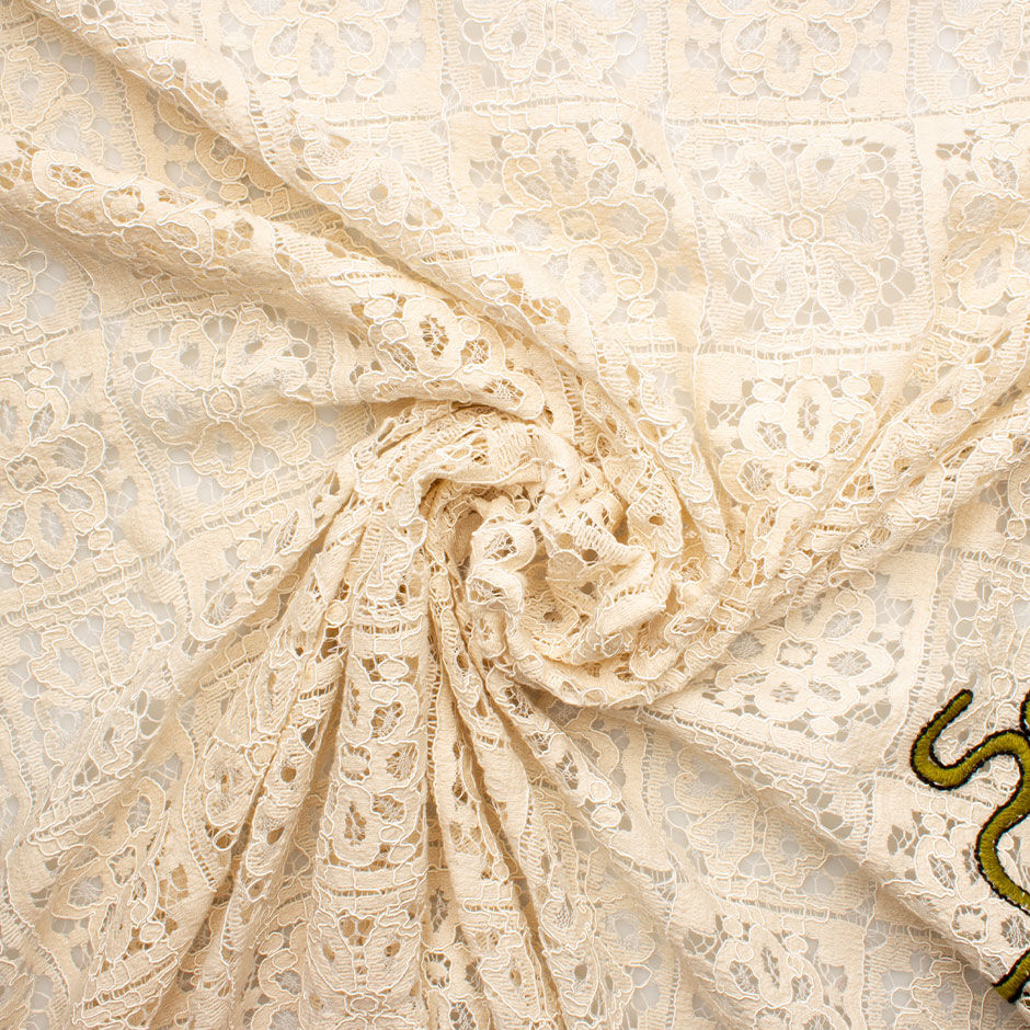 Olive Green Embroidered Cream Tulle Fabric