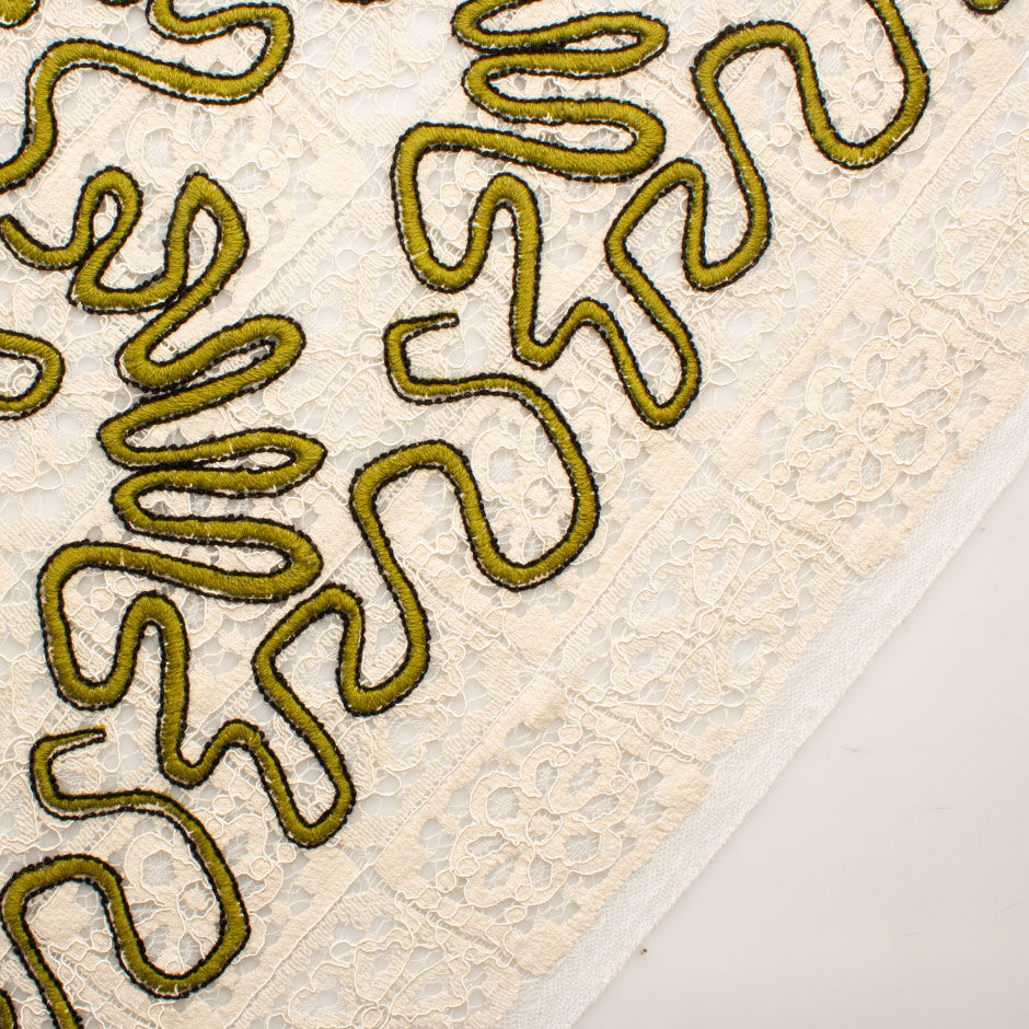 Olive Green Embroidered Cream Tulle Fabric