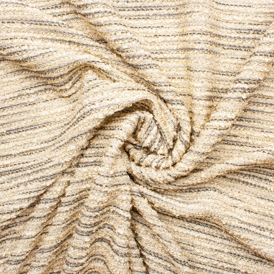 Grey Striped Ivory Metallic Stretch Bouclé Knit Fabric