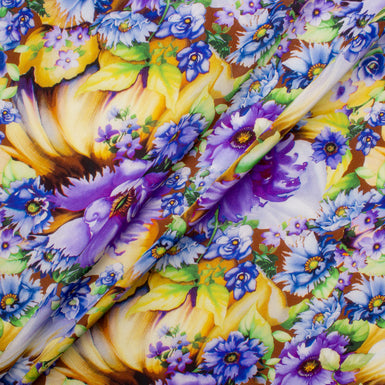 Striking Blue & Purple Floral Silk Crêpe de Chine Fabric