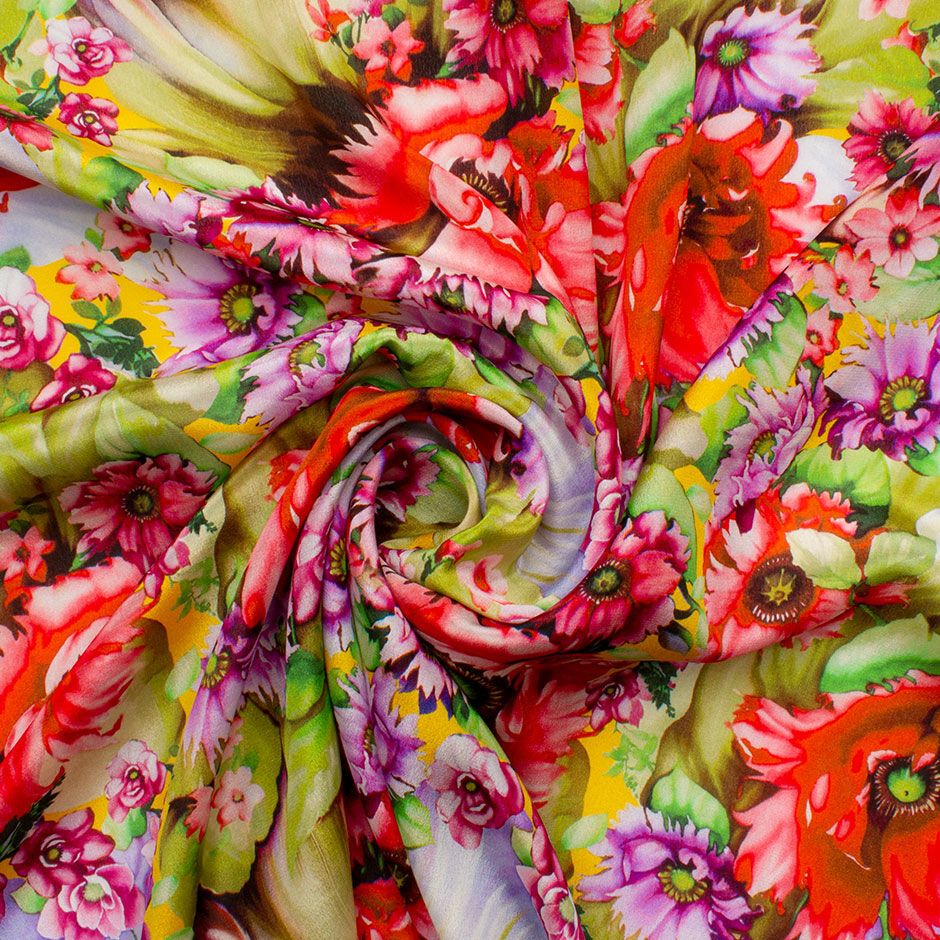 Pink & Red Floral Printed Yellow Silk Crêpe de Chine Fabric