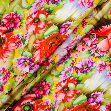 Pink & Red Floral Printed Yellow Silk Crêpe de Chine Fabric