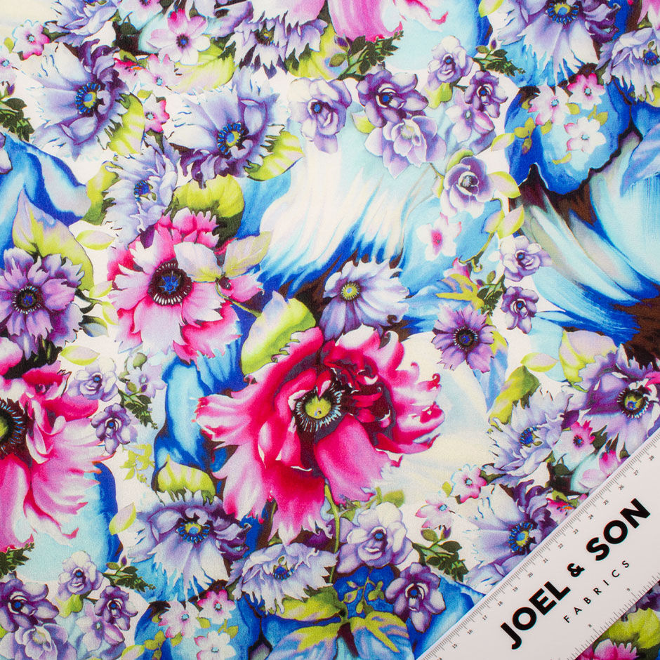 Pink & Purple Floral Printed Pure Silk Crêpe de Chine Fabric