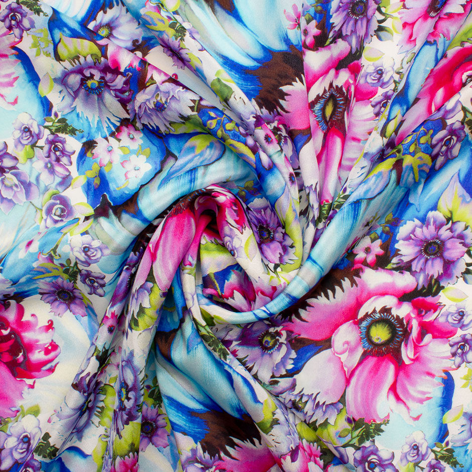 Pink & Purple Floral Printed Pure Silk Crêpe de Chine Fabric