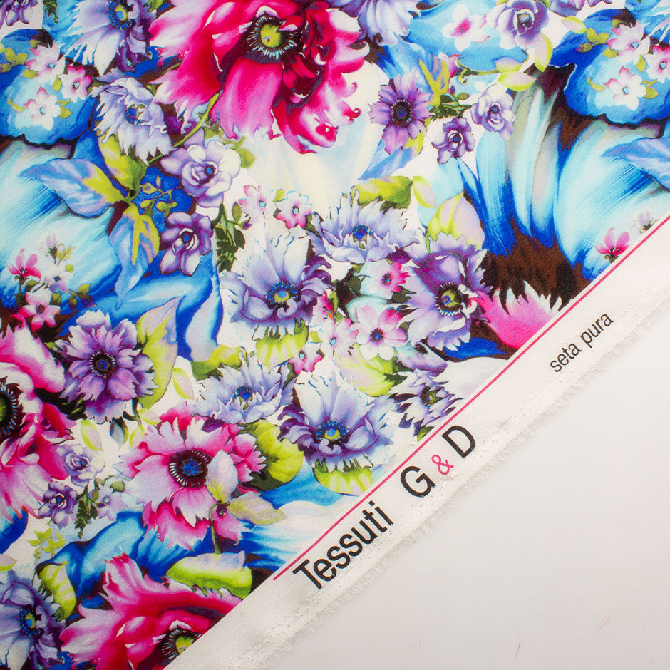 Pink & Purple Floral Printed Pure Silk Crêpe de Chine Fabric