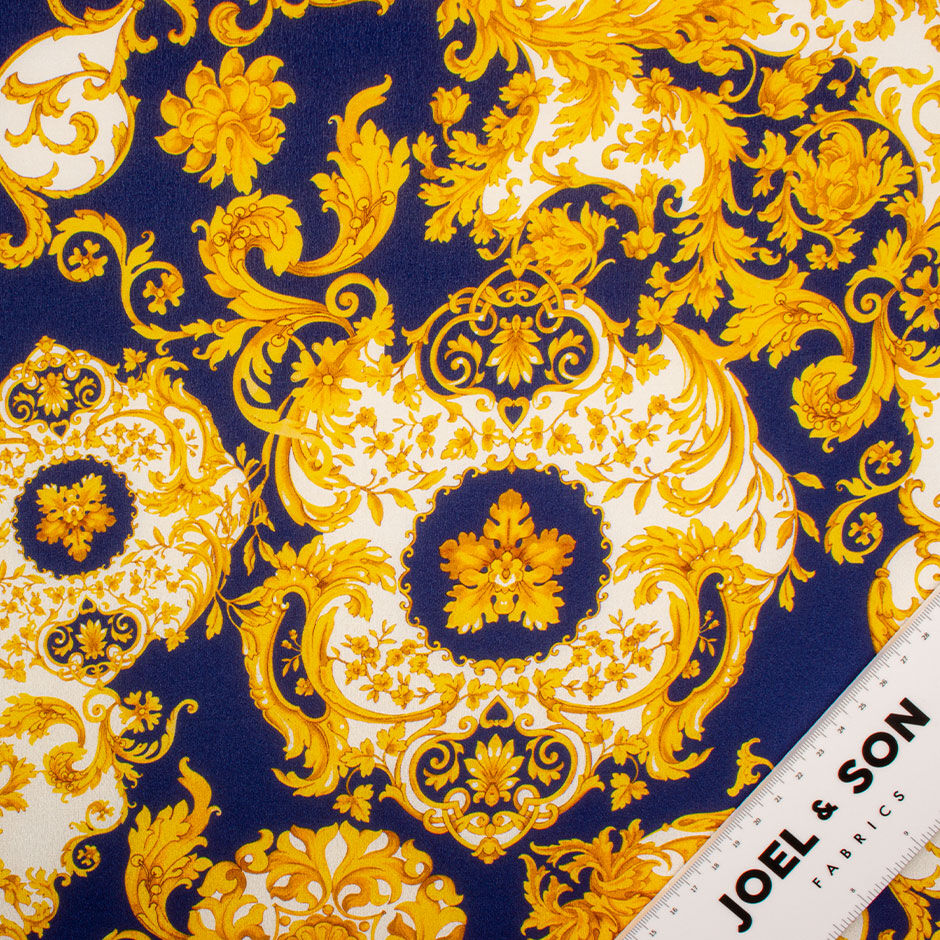 Yellow Baroque Printed Silk Crêpe de Chine Fabric