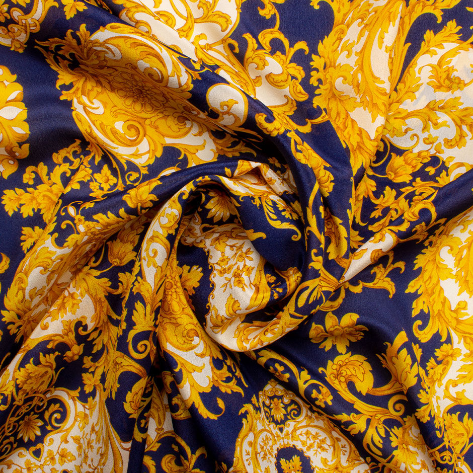 Yellow Baroque Printed Silk Crêpe de Chine Fabric