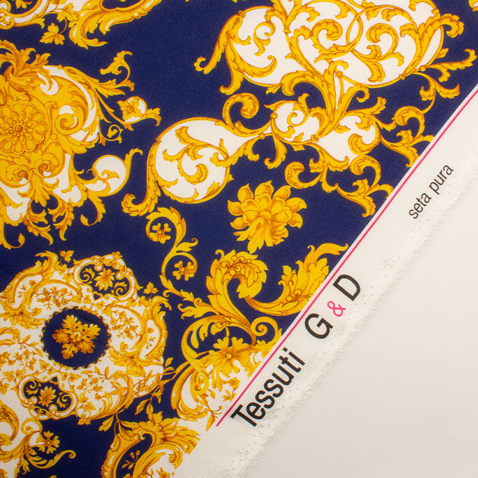 Yellow Baroque Printed Silk Crêpe de Chine Fabric