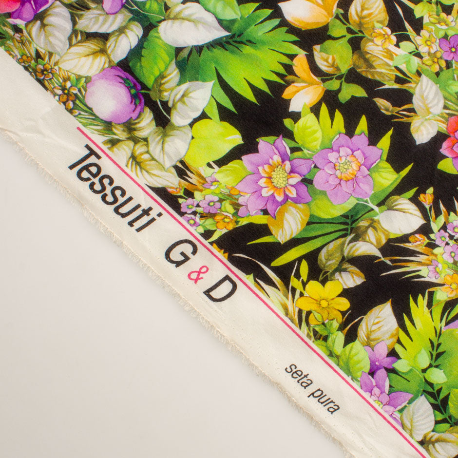 Purple & Green Floral Printed Black Silk Crêpe de Chine