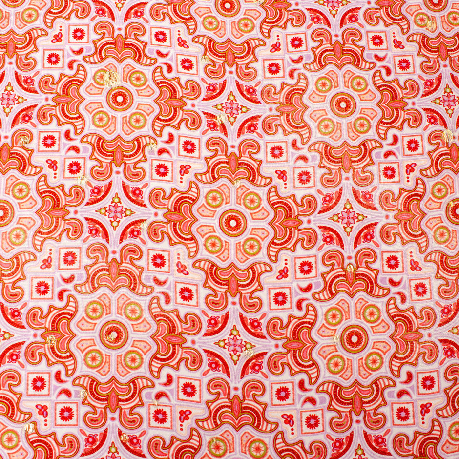 Red & Lilac Geometric Printed Silk With Lamé