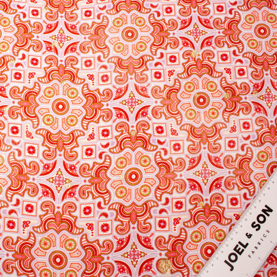 Red & Lilac Geometric Printed Silk With Lamé