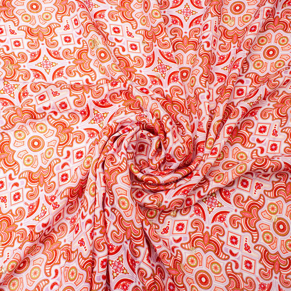 Red & Lilac Geometric Printed Silk With Lamé