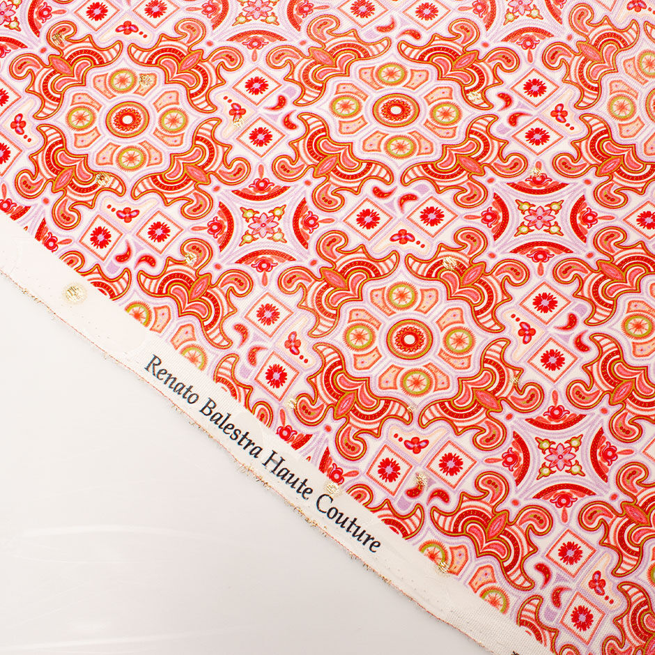 Red & Lilac Geometric Printed Silk With Lamé