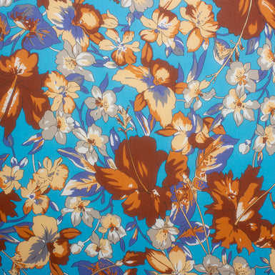 Brown Floral Printed Sky Blue Silk Georgette Fabric