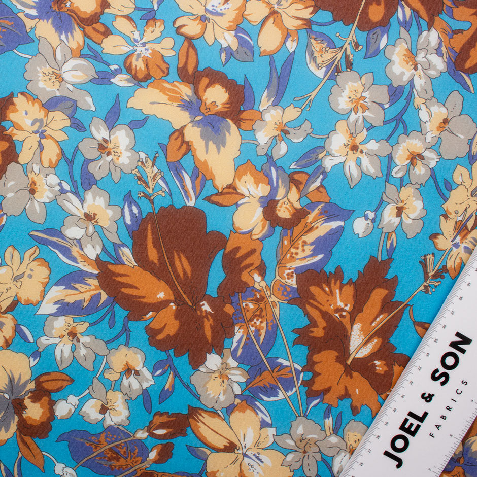 Brown Floral Printed Sky Blue Silk Georgette Fabric