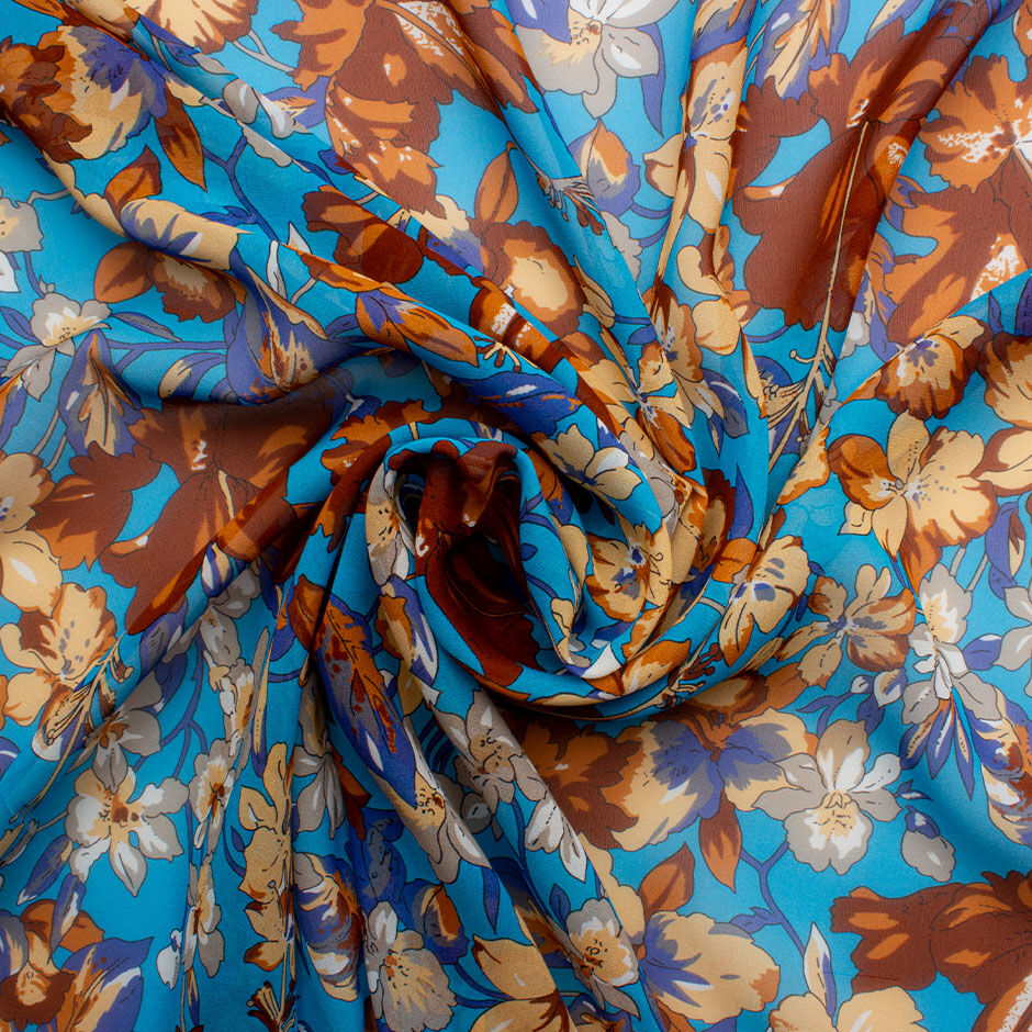 Brown Floral Printed Sky Blue Silk Georgette Fabric