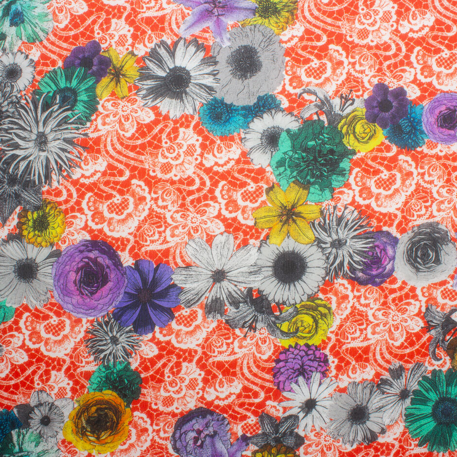 Multi Floral & Lace Printed Red Silk Georgette