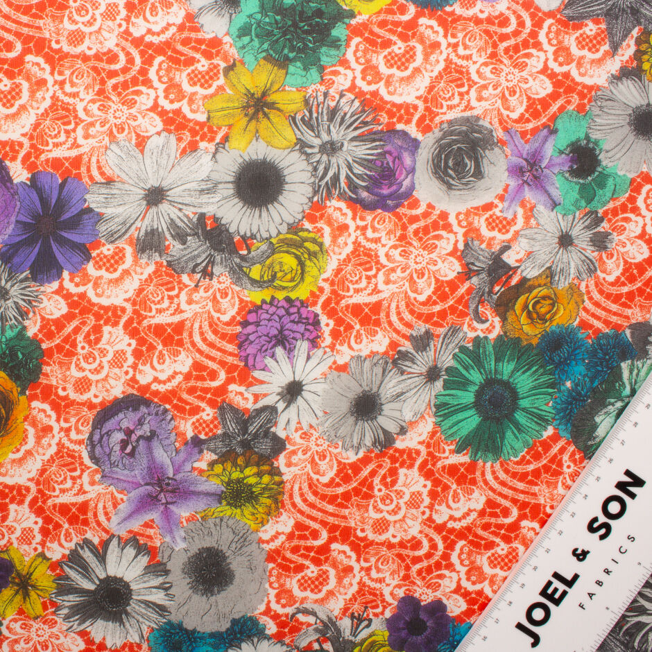 Multi Floral & Lace Printed Red Silk Georgette