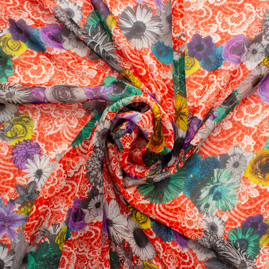 Multi Floral & Lace Printed Red Silk Georgette
