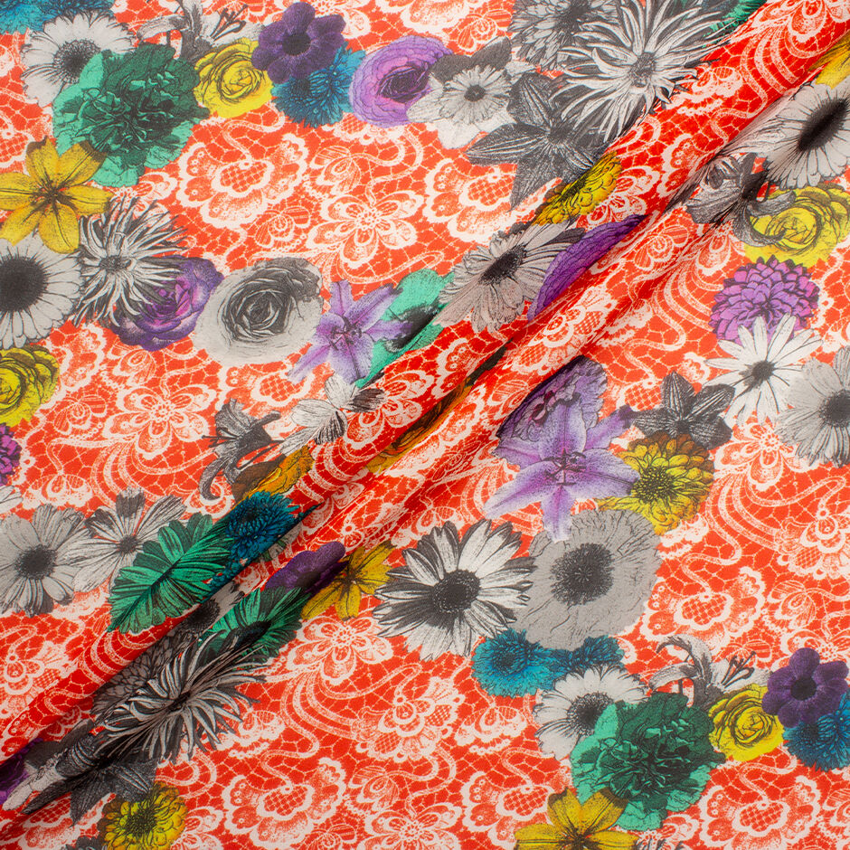 Multi Floral & Lace Printed Red Silk Georgette