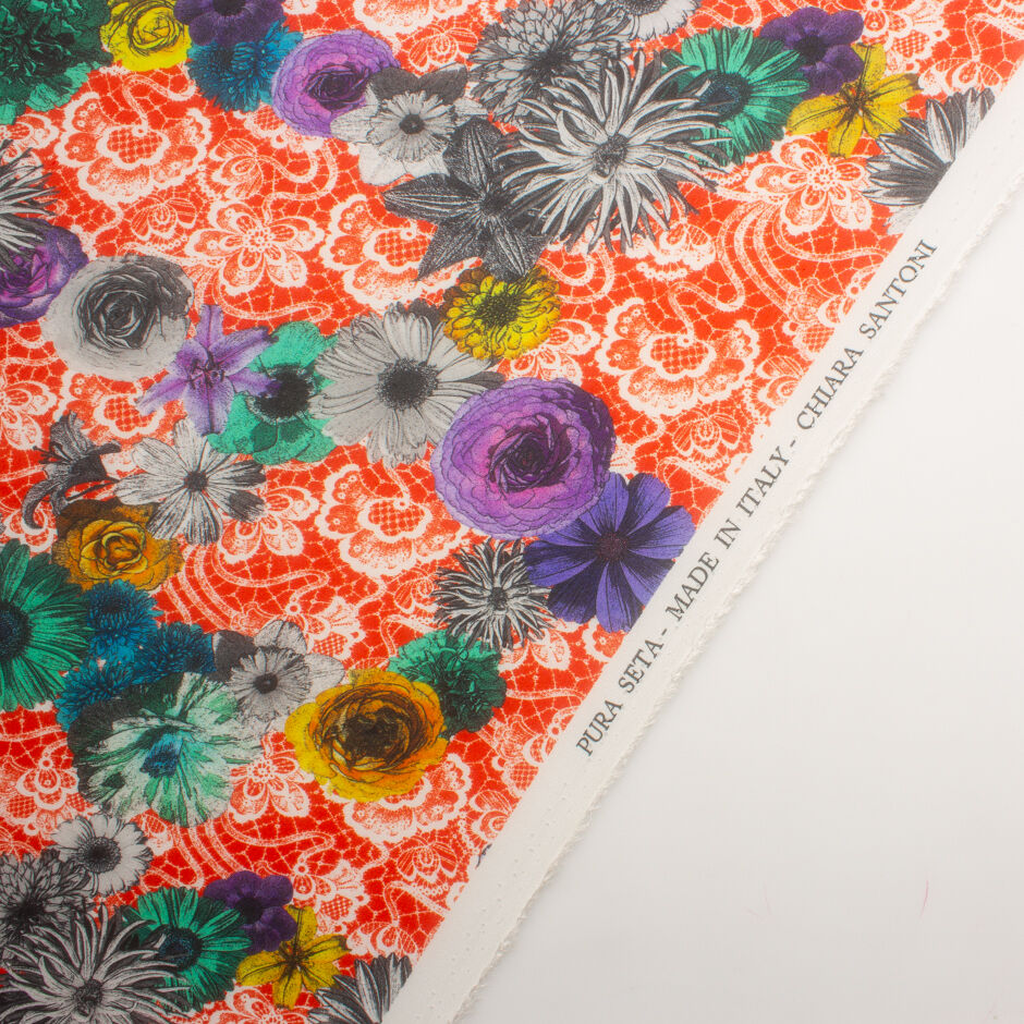 Multi Floral & Lace Printed Red Silk Georgette