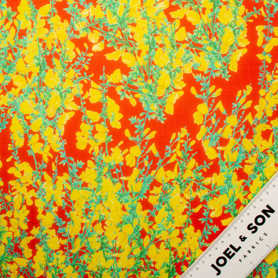 Yellow Floral Printed Red Silk Georgette Fabric