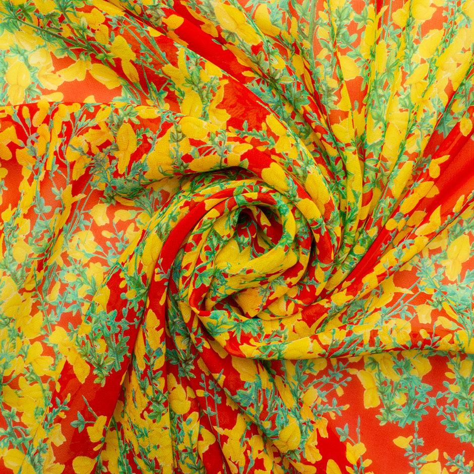 Yellow Floral Printed Red Silk Georgette Fabric
