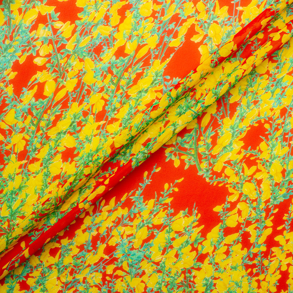 Yellow Floral Printed Red Silk Georgette Fabric