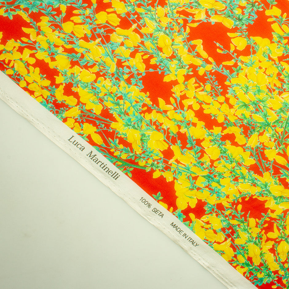 Yellow Floral Printed Red Silk Georgette Fabric