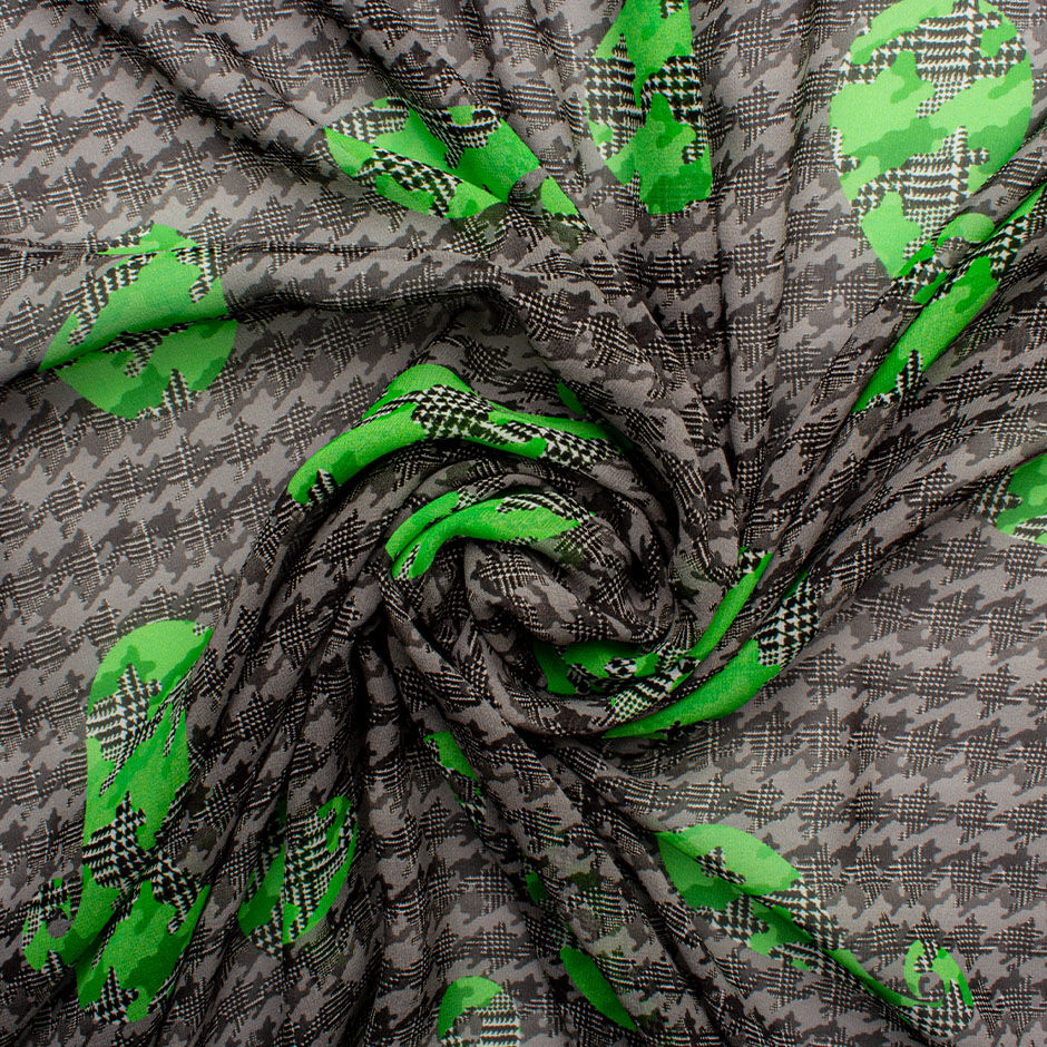 Grey Houndstooth Printed Pure Silk Georgette Fabric