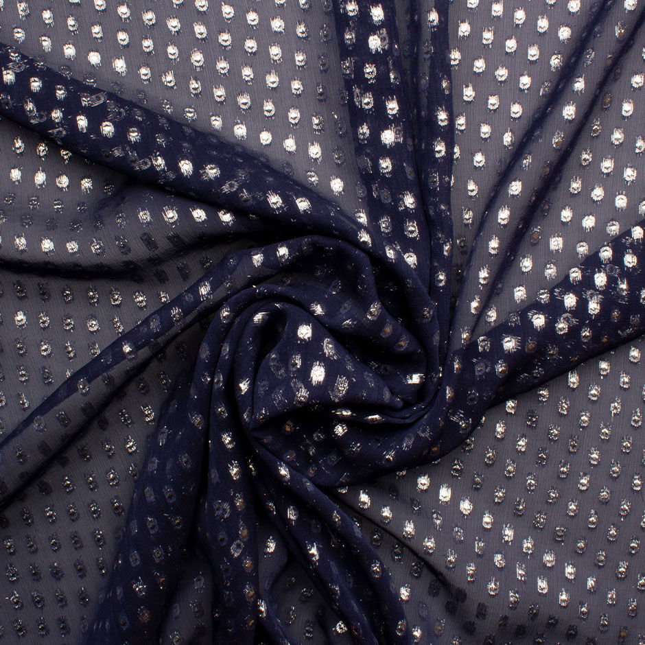 Gold Spotted Dark Blue Silk Georgette
