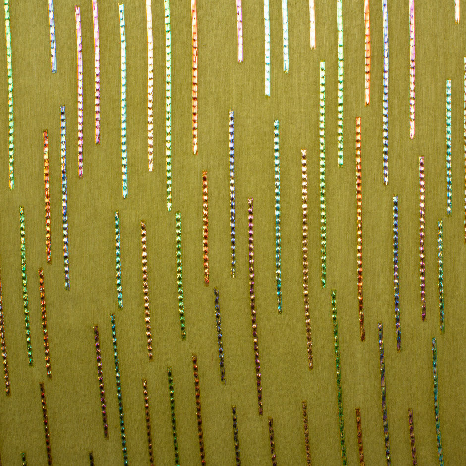 Multi Metallic Lined Olive Green Silk Georgette