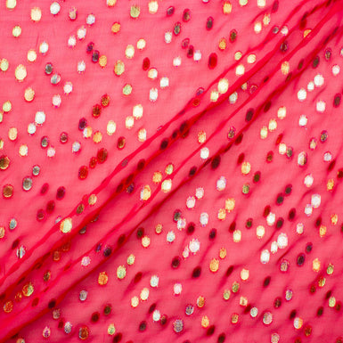 Multi-Coloured Metallic Spotted Red Silk Georgette