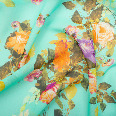 Multi Coloured Floral on Turquoise Printed Silk Georgette