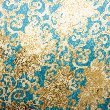 Beige, White & Gold Floral Printed Blue Silk Laminate Jacquard