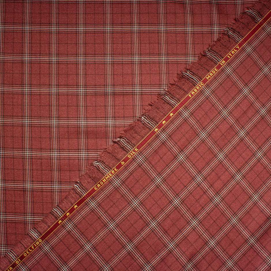 Brick Red & Ivory Checkered Cashmere & Silk Blend Suiting