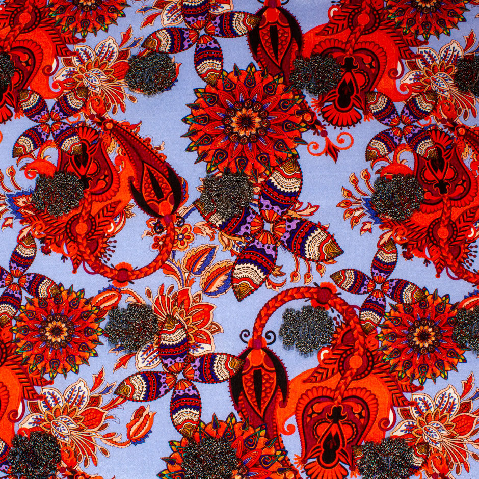 Orange Floral & Black Lamé Jacquard Silk Crêpe de Chine