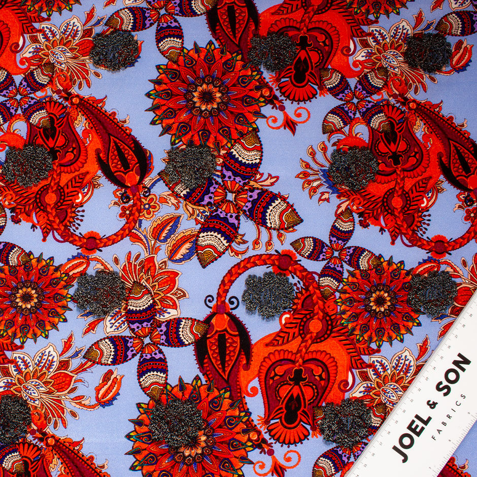Orange Floral & Black Lamé Jacquard Silk Crêpe de Chine