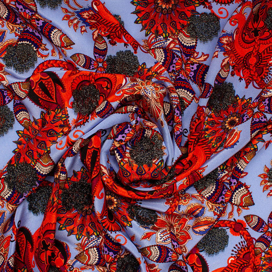 Orange Floral & Black Lamé Jacquard Silk Crêpe de Chine