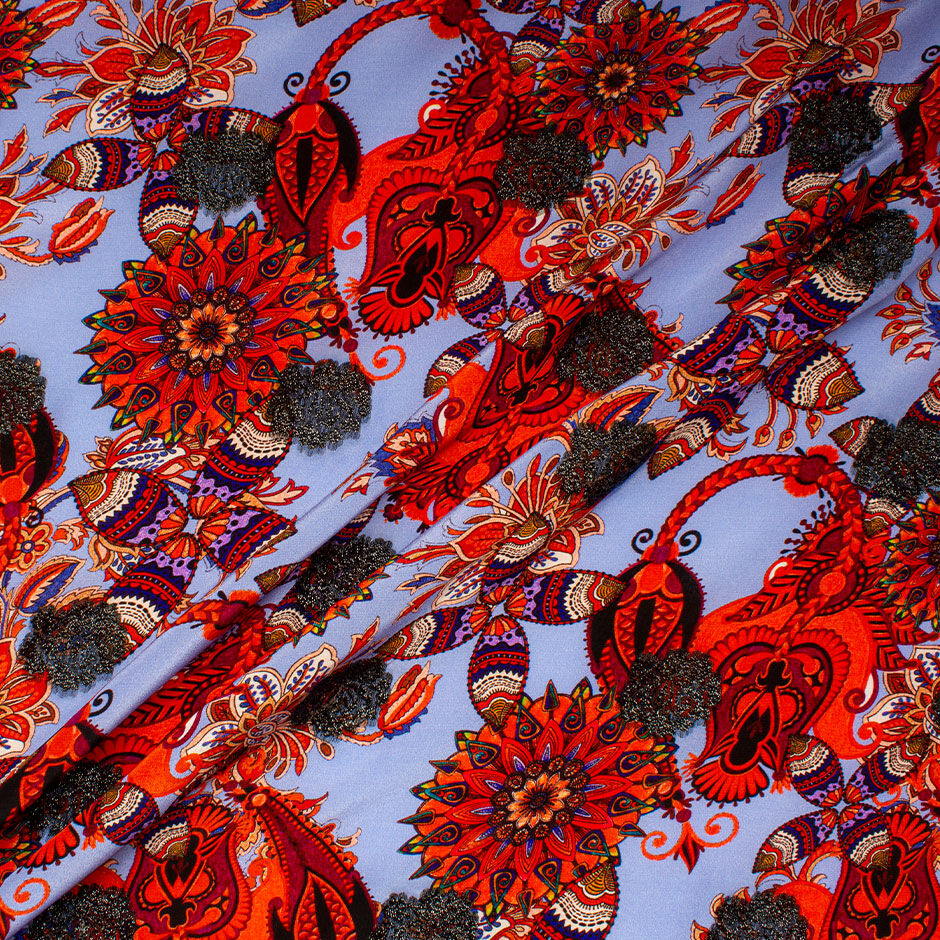 Orange Floral & Black Lamé Jacquard Silk Crêpe de Chine