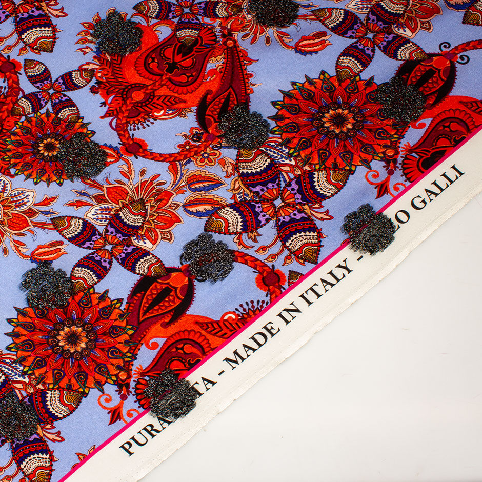 Orange Floral & Black Lamé Jacquard Silk Crêpe de Chine